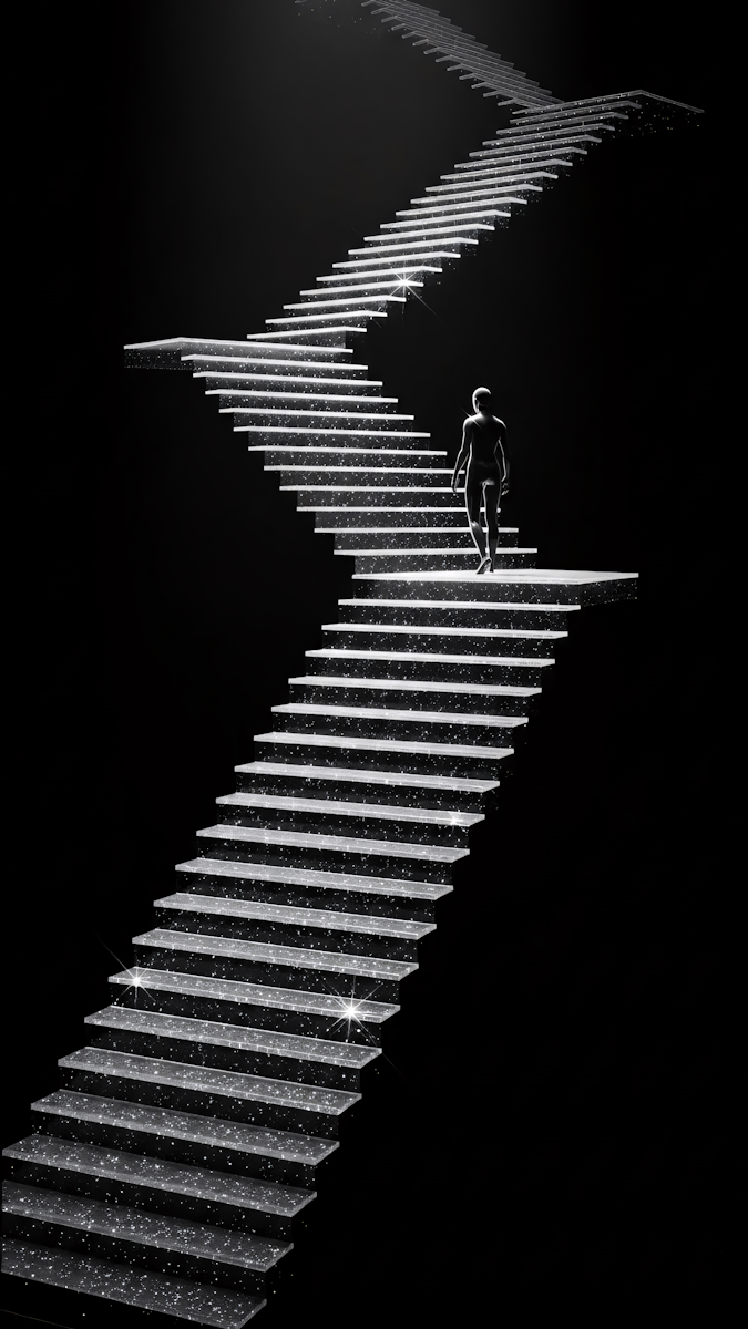 Man climbing stairs — a deliberate climb